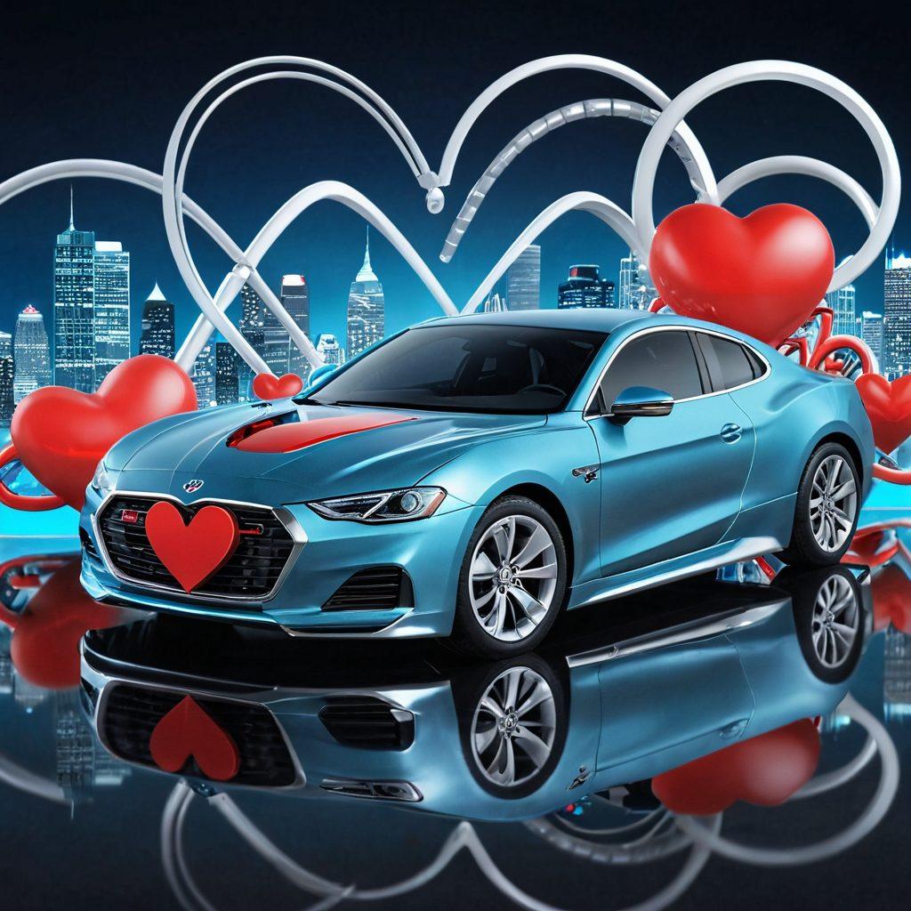 A dynamic visual showcasing a split scene: on one side, a sleek car symbolizing auto insurance with gleaming metallic surfaces, and on the other, a serene healthcare setting featuring a stethoscope and a heart symbol. In the background, intertwining elements like gears and medical icons represent the connection between auto and health insurance. The overall atmosphere should depict customization and uniqueness, illustrating tailored solutions. vibrant colors. super-realistic.