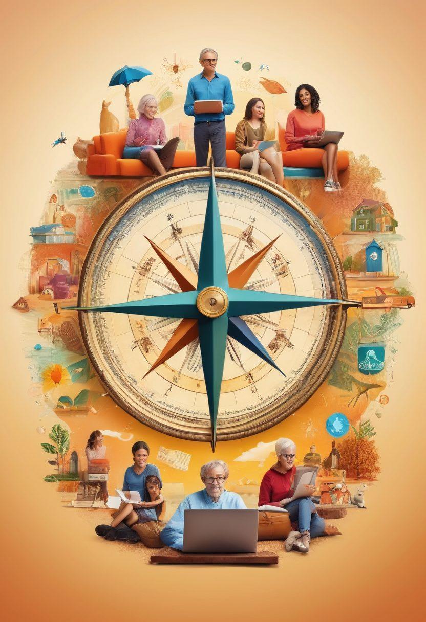 A collage of diverse individuals representing different lifestyles, such as a young family, a retired couple, a freelancer, and a college student, each surrounded by symbolic icons of various insurance policies like health, life, and auto. The background should be a gradient of warm and inviting colors, suggesting safety and security. Include a subtle compass motif to indicate guidance. vibrant colors. super-realistic.