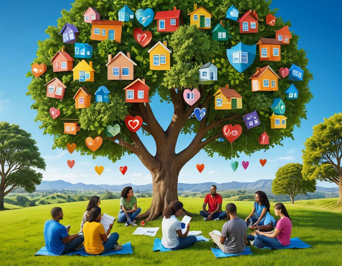 A diverse group of people examining various insurance policy documents under a large tree symbolizing protection and security. Include icons representing different types of insurance like health, auto, and home. Surround them with a serene landscape to evoke feelings of safety and peace. Showcase vibrant colors to enhance the message of security and assurance. 3D illustration. vibrant colors.